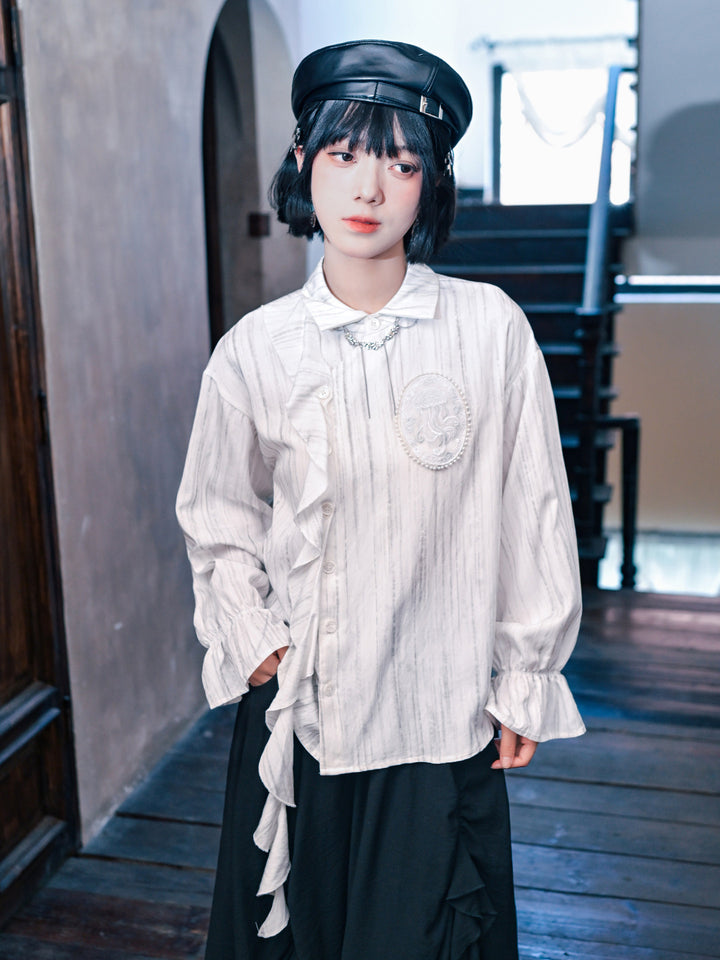 Jellyfish Embroidered Asymmetric Ruffle Shirt