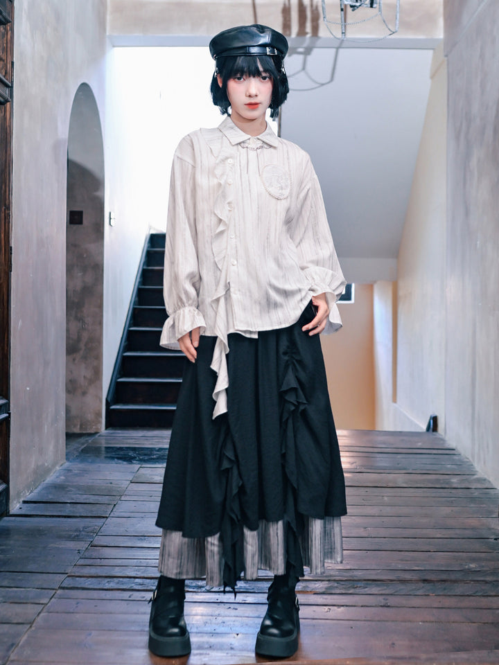 Jellyfish Embroidered Asymmetric Ruffle Shirt