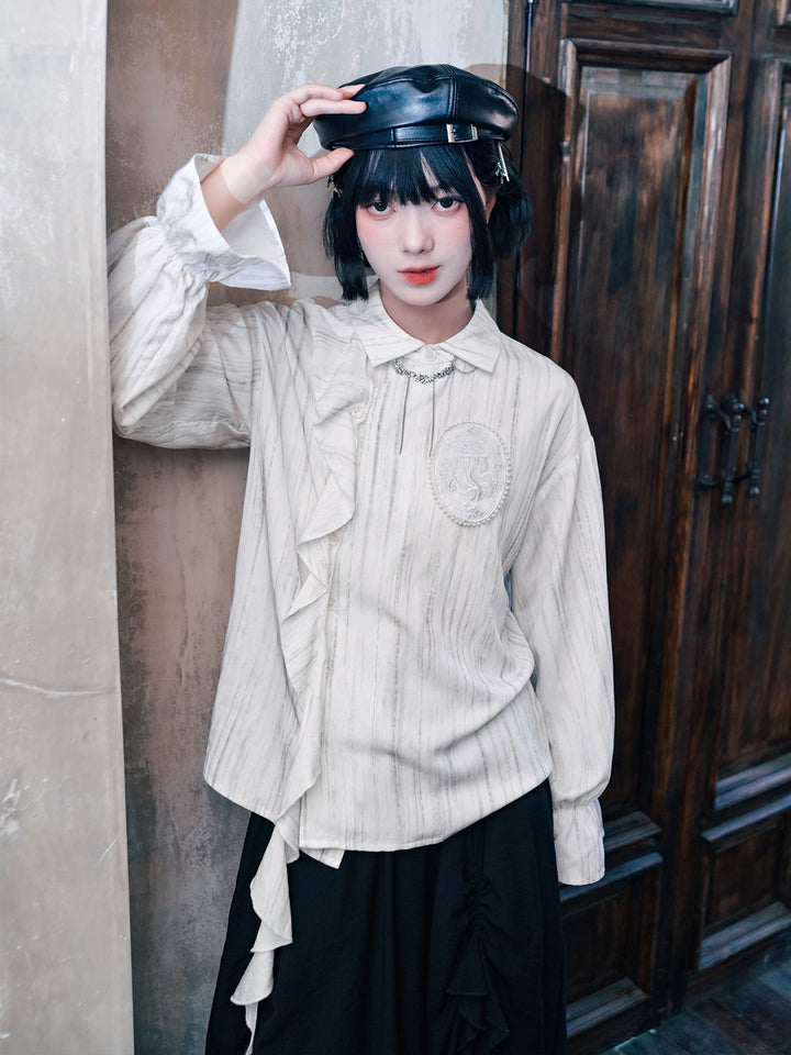 Jellyfish Embroidered Asymmetric Ruffle Shirt