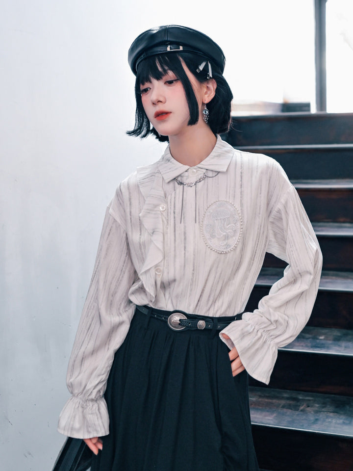 Jellyfish Embroidered Asymmetric Ruffle Shirt