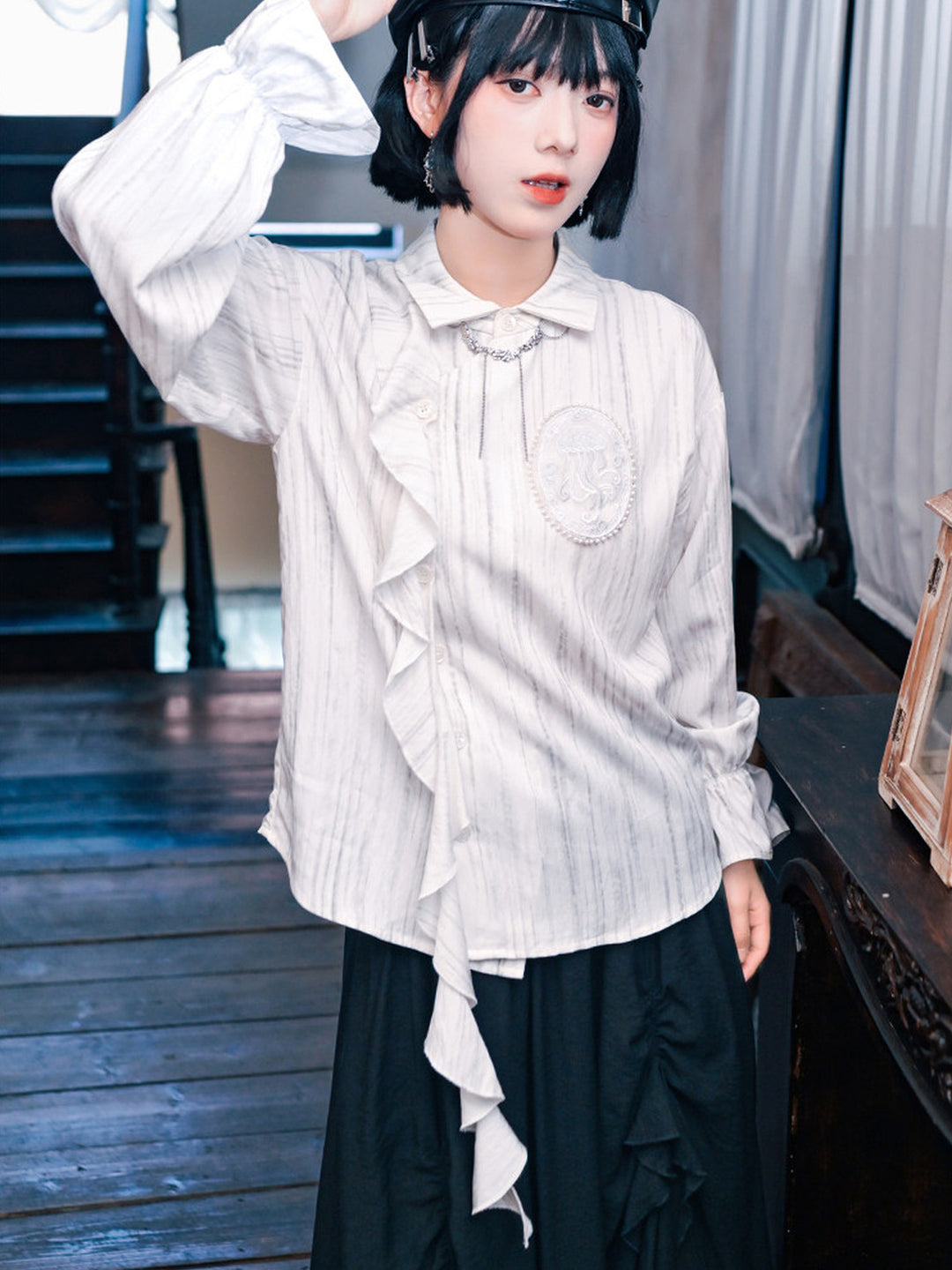 Jellyfish Embroidered Asymmetric Ruffle Shirt