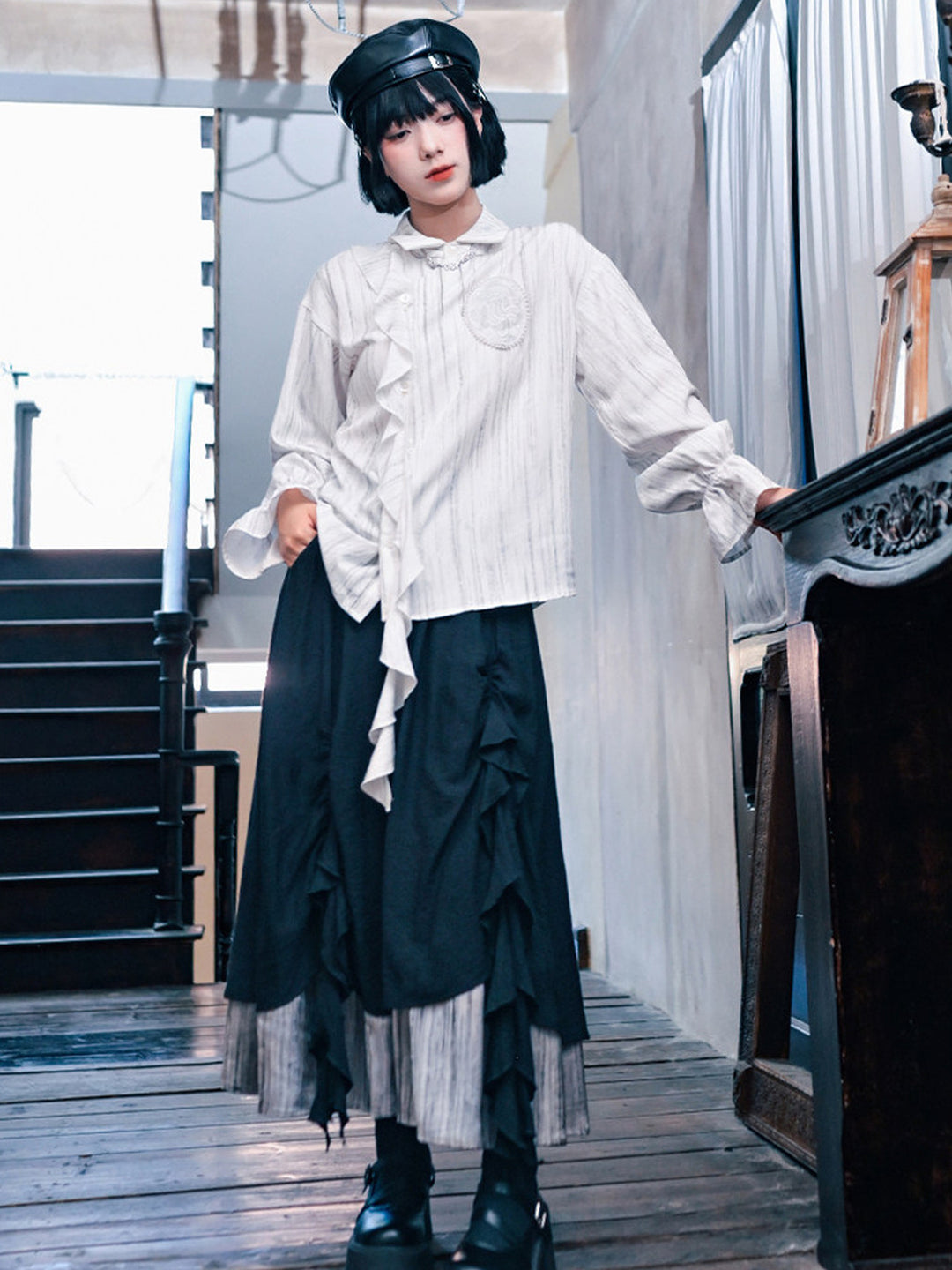Jellyfish Embroidered Asymmetric Ruffle Shirt