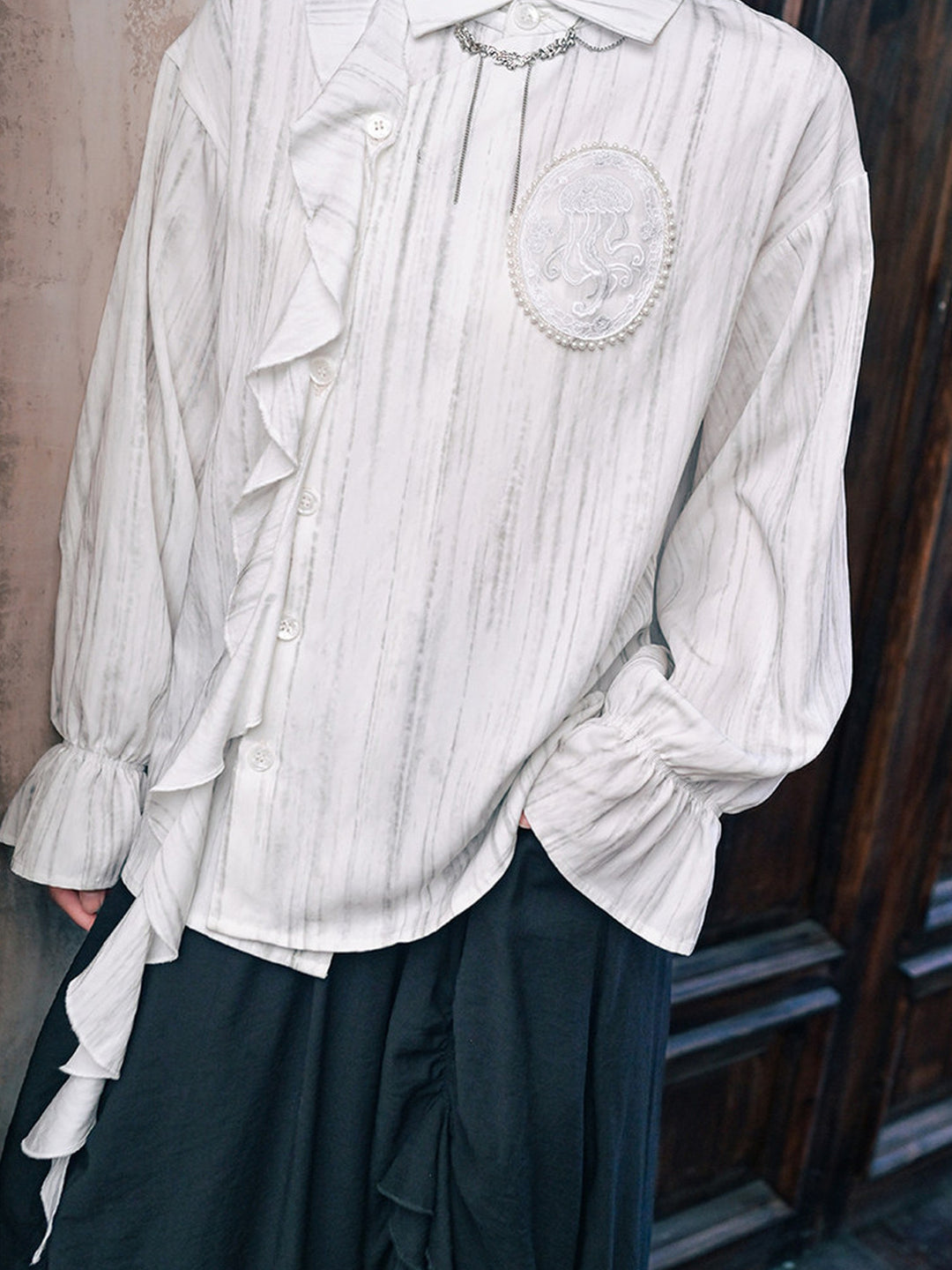 Jellyfish Embroidered Asymmetric Ruffle Shirt