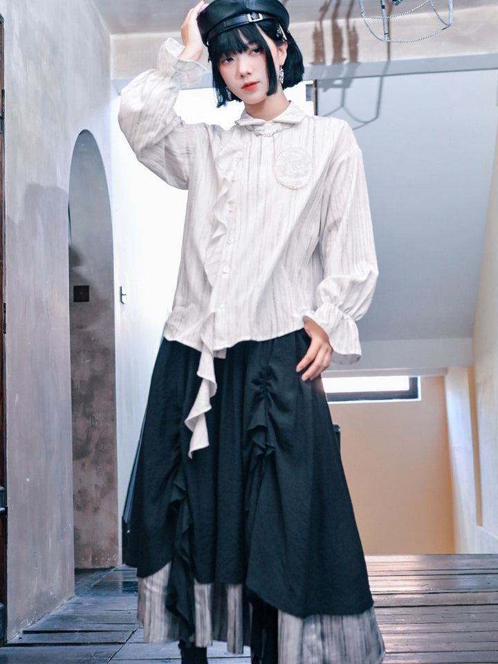 Jellyfish Embroidered Asymmetric Ruffle Shirt