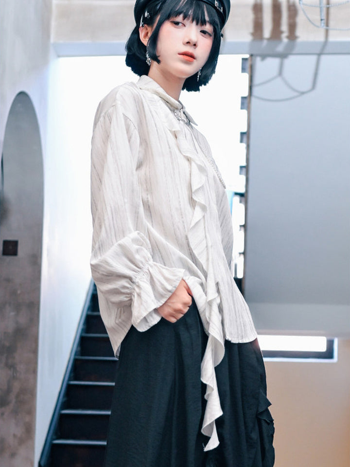 Jellyfish Embroidered Asymmetric Ruffle Shirt