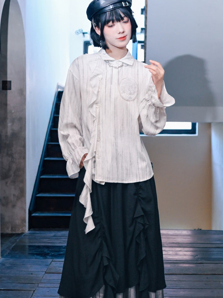 Jellyfish Embroidered Asymmetric Ruffle Shirt