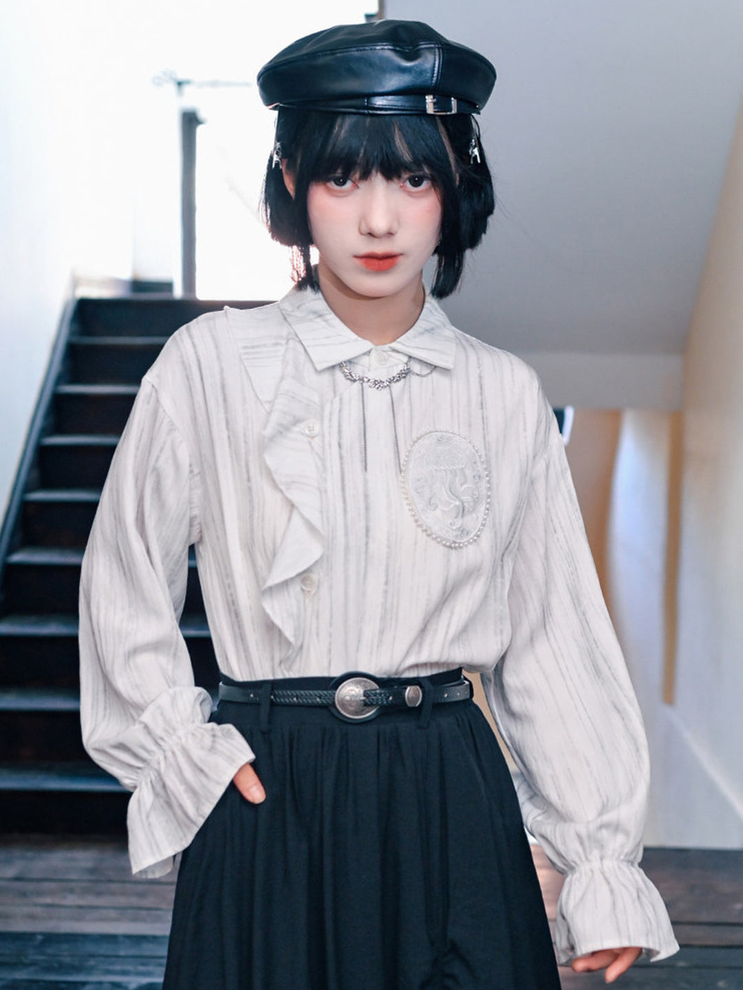 Jellyfish Embroidered Asymmetric Ruffle Shirt