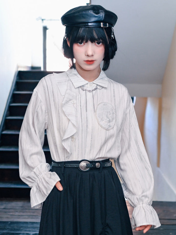 Jellyfish Embroidered Asymmetric Ruffle Shirt