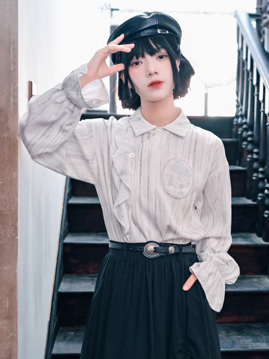 Jellyfish Embroidered Asymmetric Ruffle Shirt