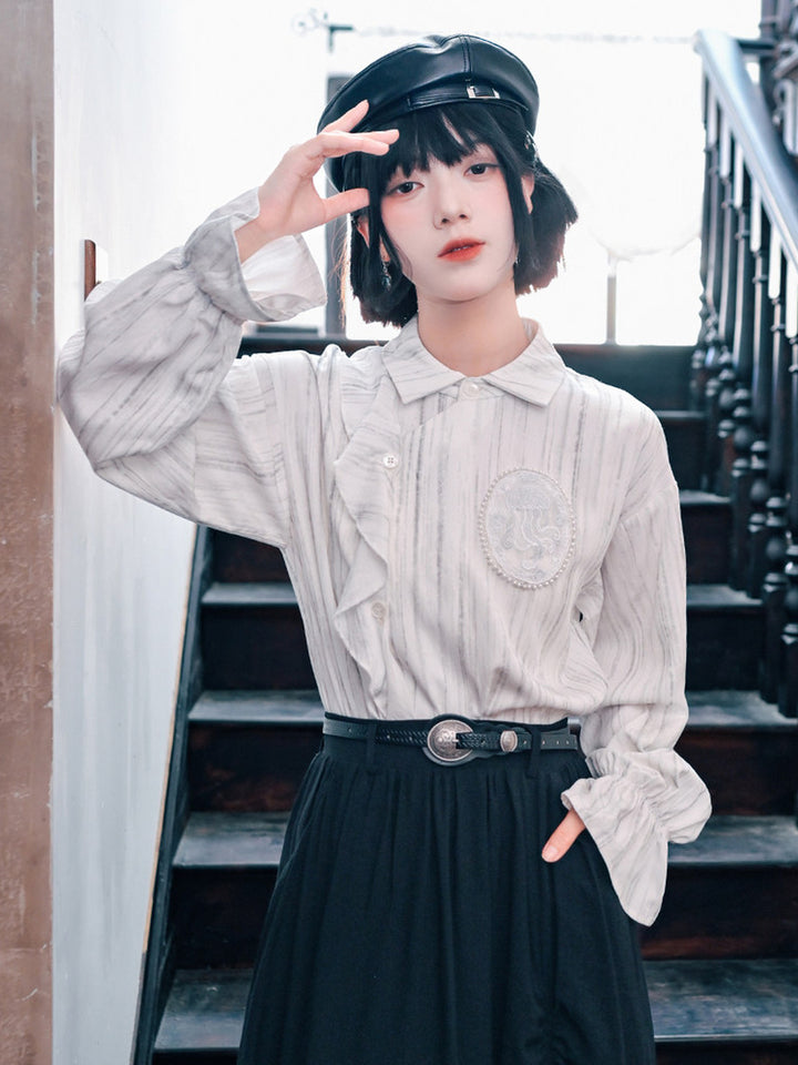 Jellyfish Embroidered Asymmetric Ruffle Shirt