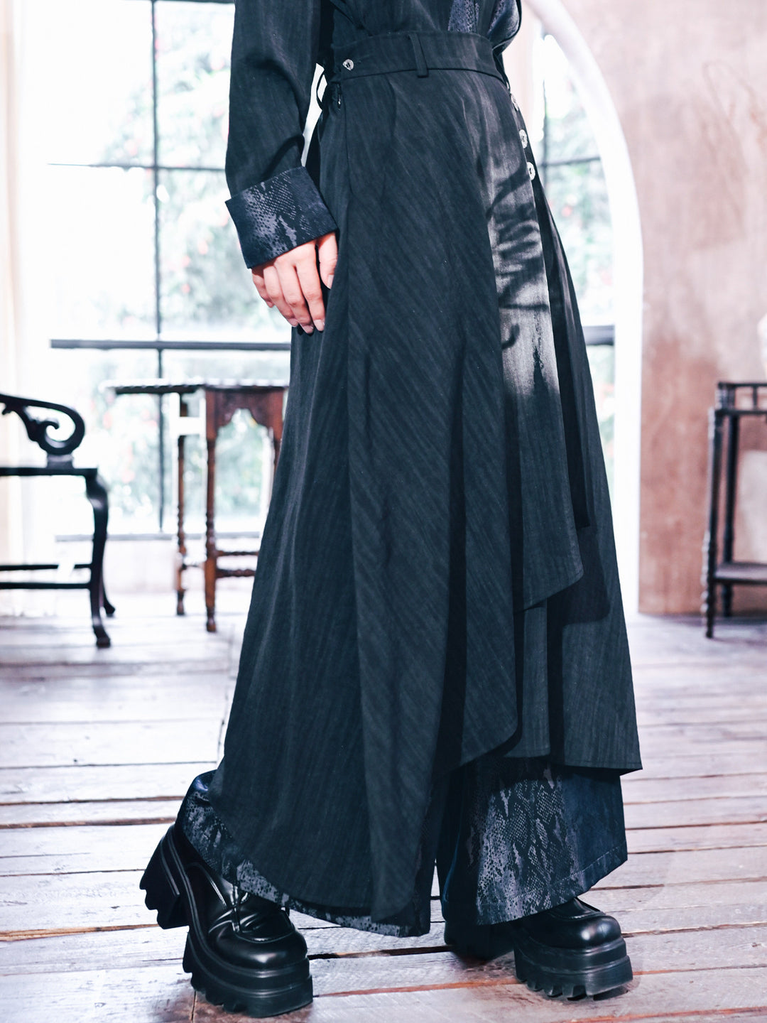 Asymmetric Wide Leg Skirt Pants with Snake Print Panels