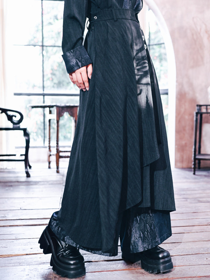 Asymmetric Wide Leg Skirt Pants with Snake Print Panels