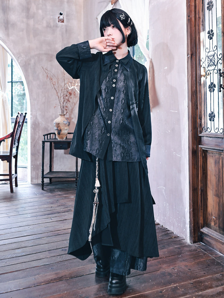 Asymmetric Wide Leg Skirt Pants with Snake Print Panels