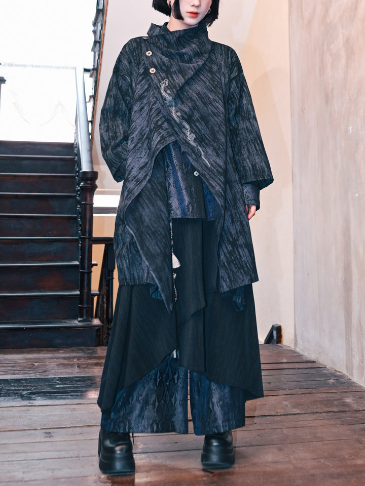 Asymmetric Wide Leg Skirt Pants with Snake Print Panels