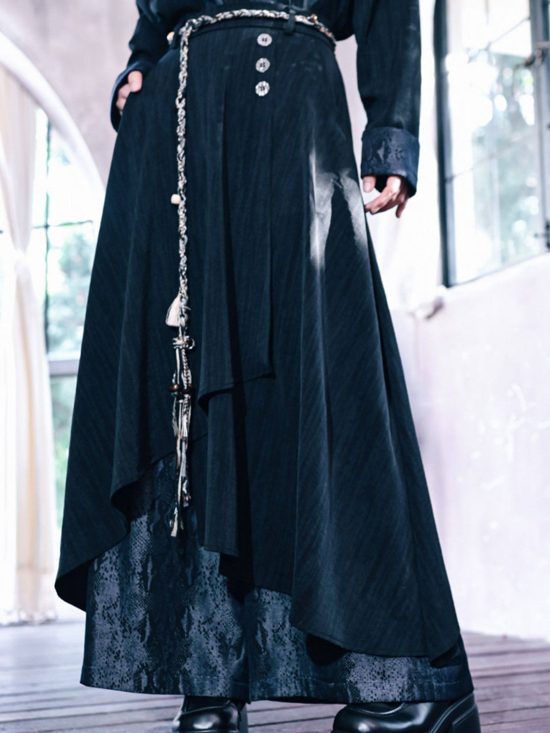 Asymmetric Wide Leg Skirt Pants with Snake Print Panels