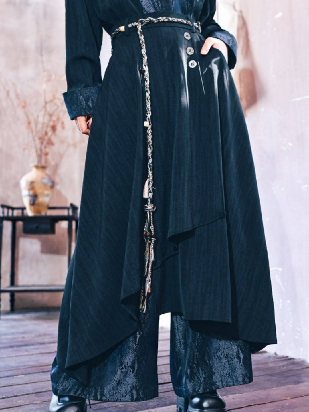 Asymmetric Wide Leg Skirt Pants with Snake Print Panels