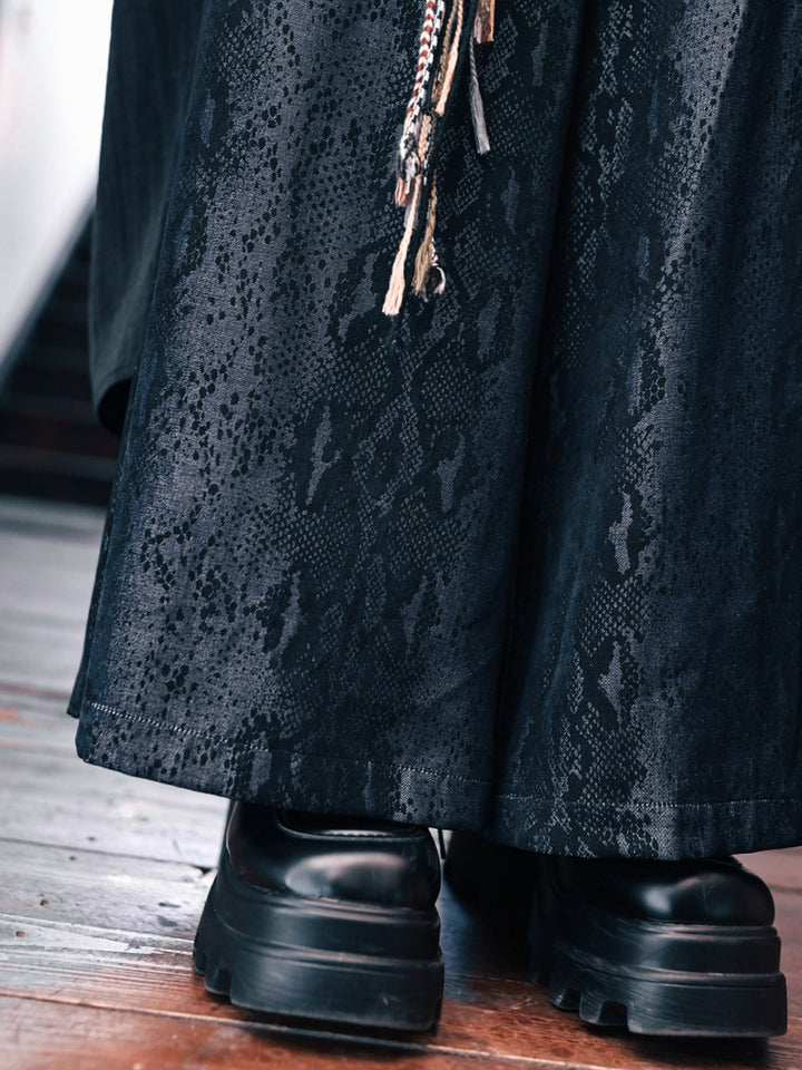 Asymmetric Wide Leg Skirt Pants with Snake Print Panels