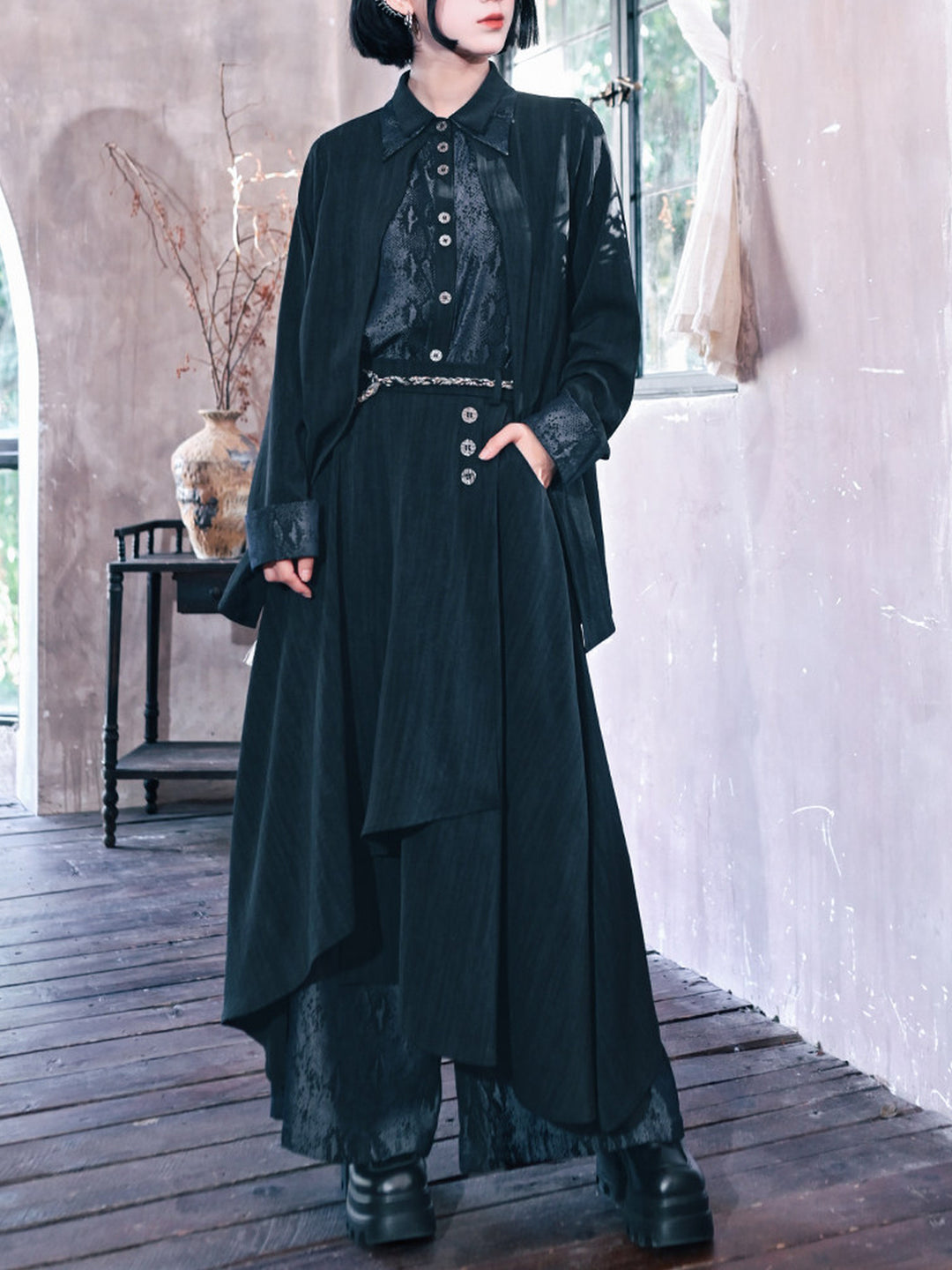 Asymmetric Wide Leg Skirt Pants with Snake Print Panels