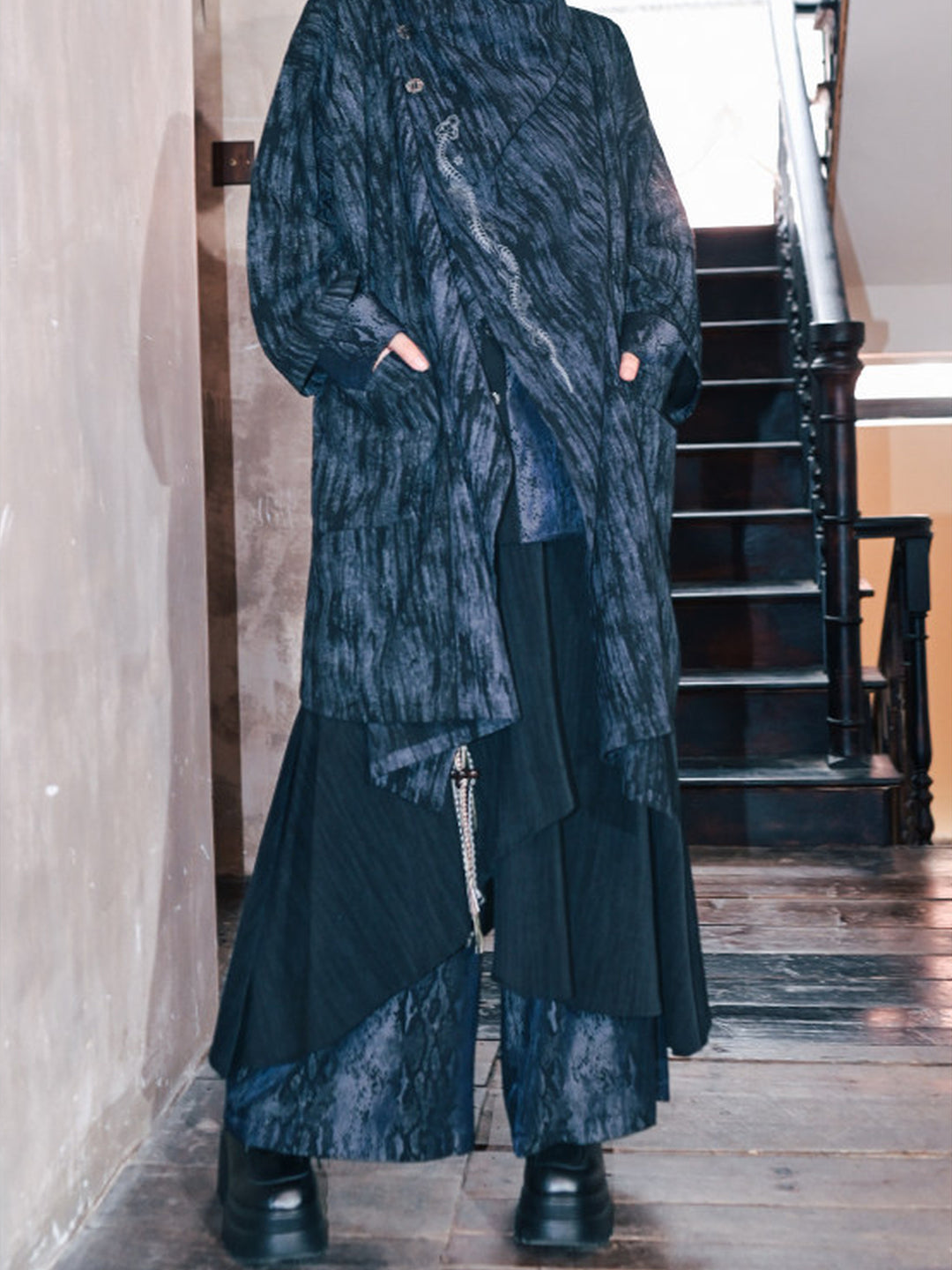 Asymmetric Wide Leg Skirt Pants with Snake Print Panels
