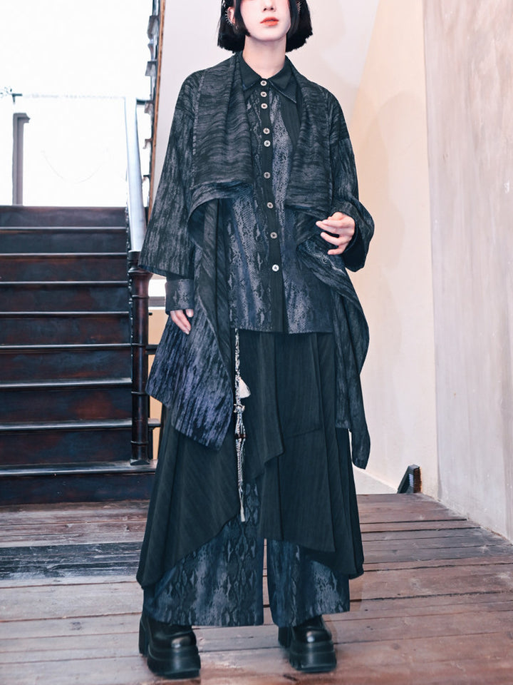 Asymmetric Wide Leg Skirt Pants with Snake Print Panels