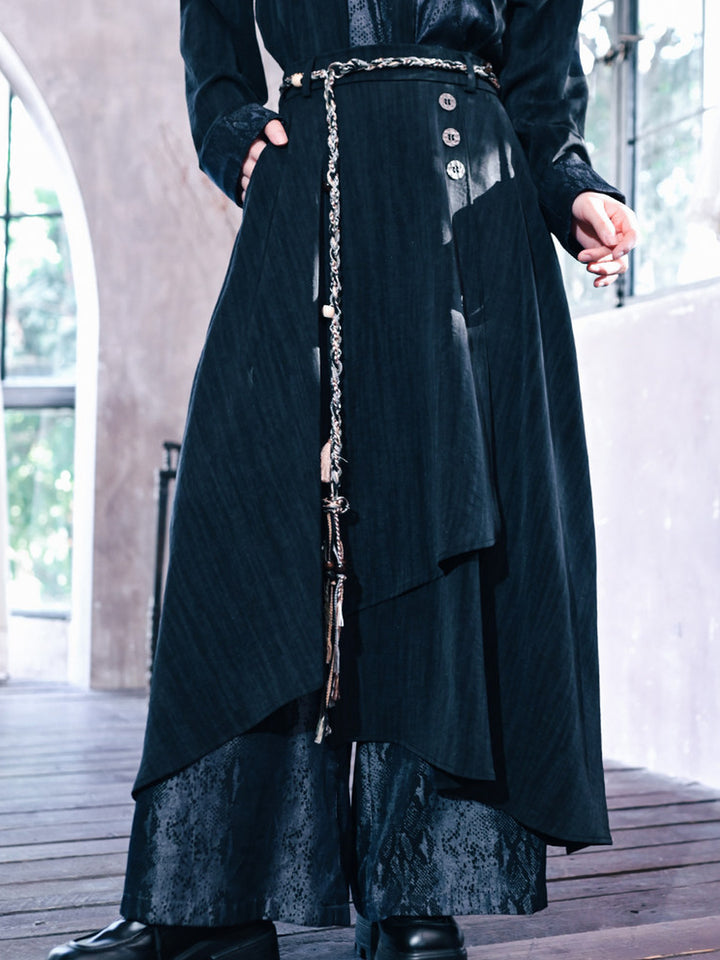 Asymmetric Wide Leg Skirt Pants with Snake Print Panels