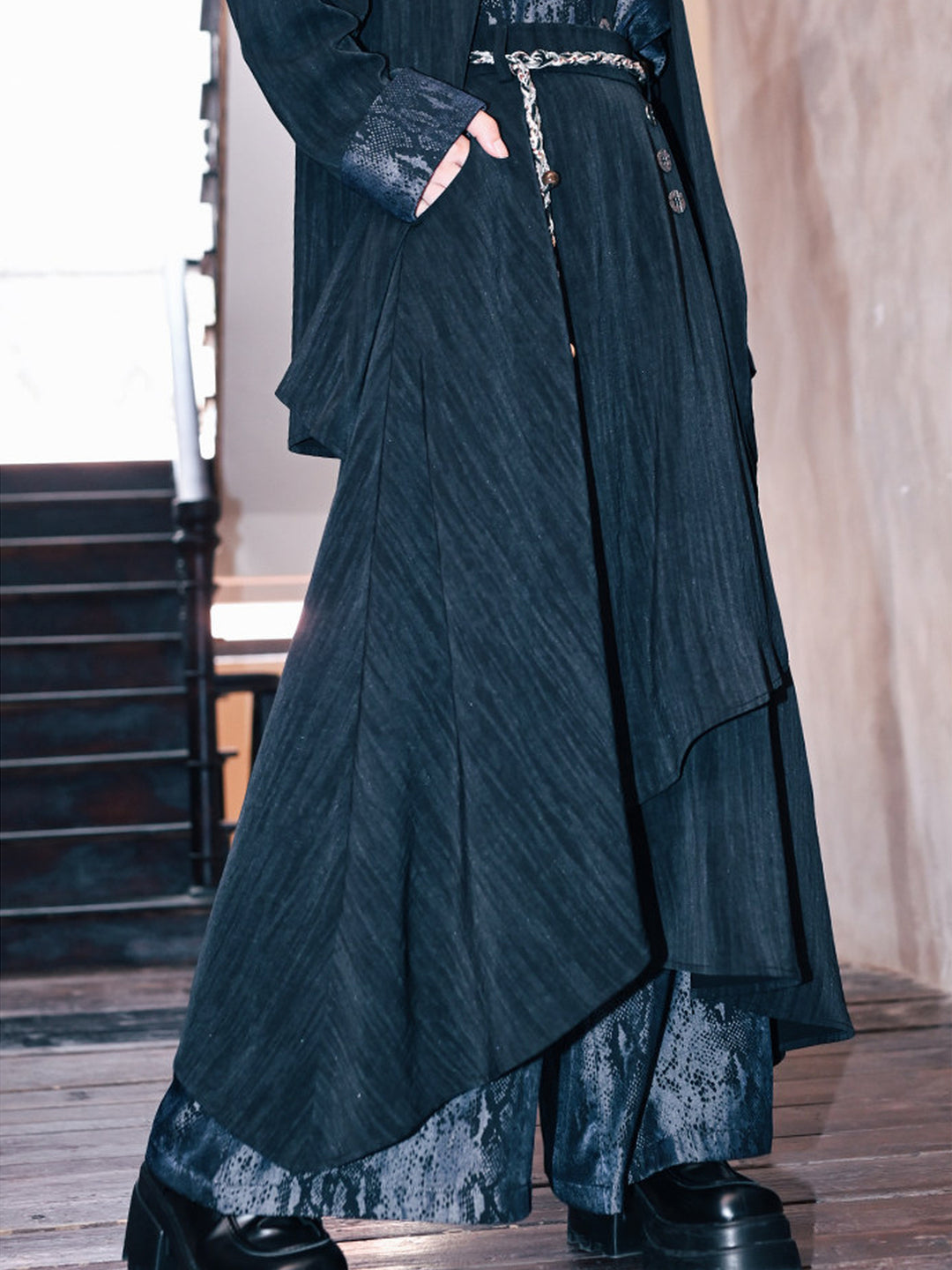 Asymmetric Wide Leg Skirt Pants with Snake Print Panels