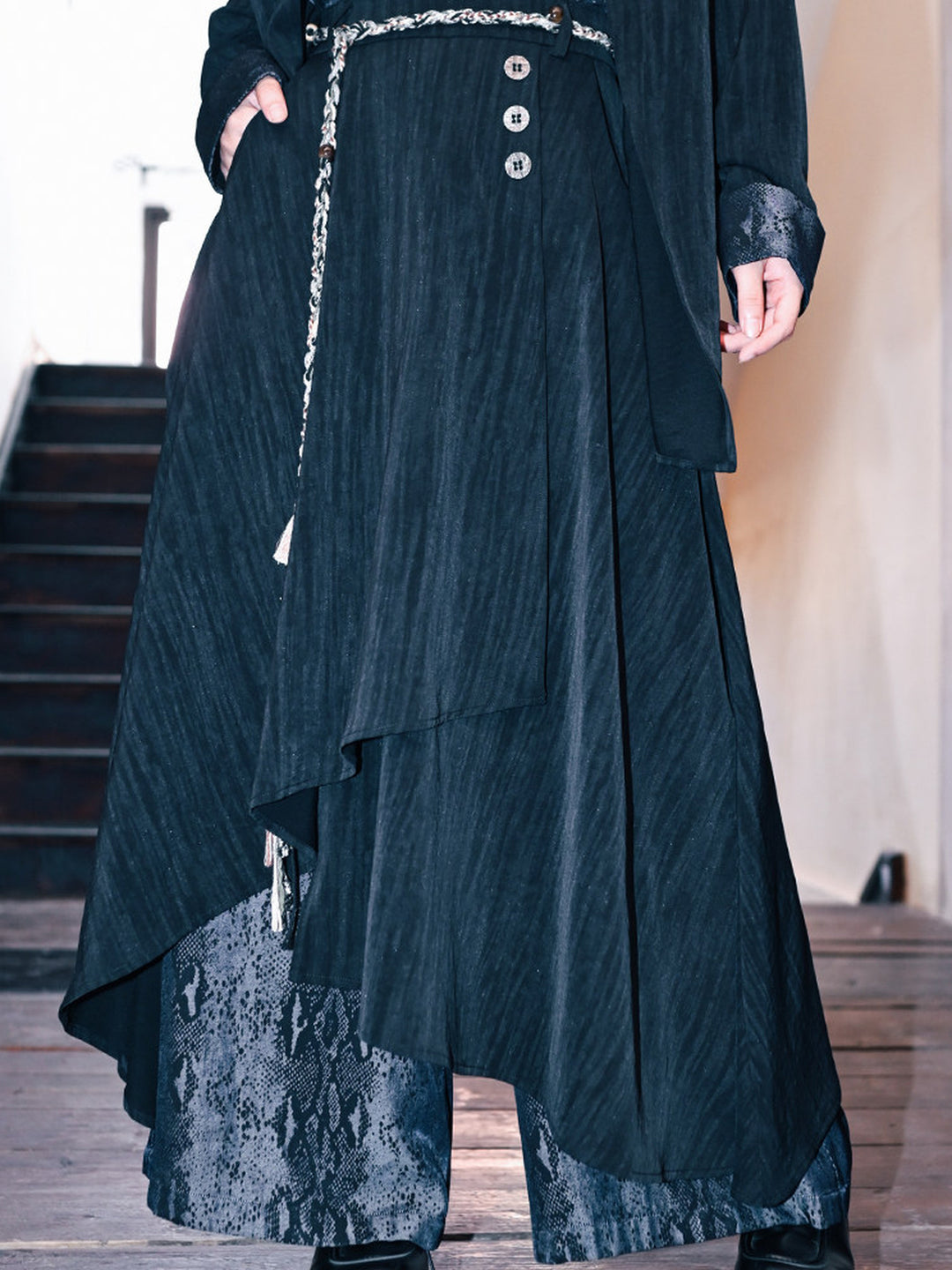 Asymmetric Wide Leg Skirt Pants with Snake Print Panels