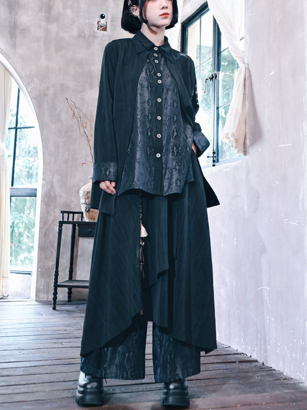 Asymmetric Wide Leg Skirt Pants with Snake Print Panels
