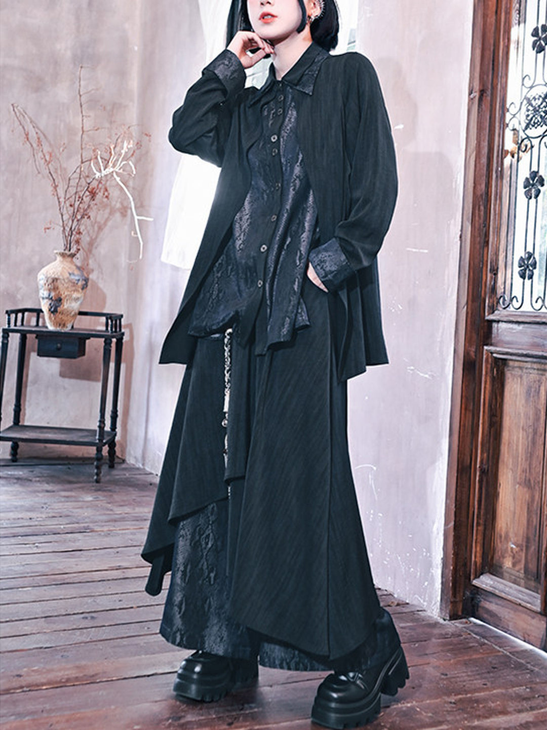 Asymmetric Wide Leg Skirt Pants with Snake Print Panels
