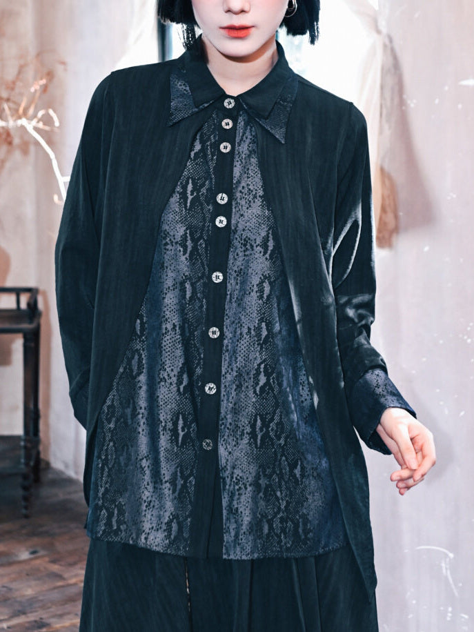 Black Snake Print Paneled Button-Up Shirt