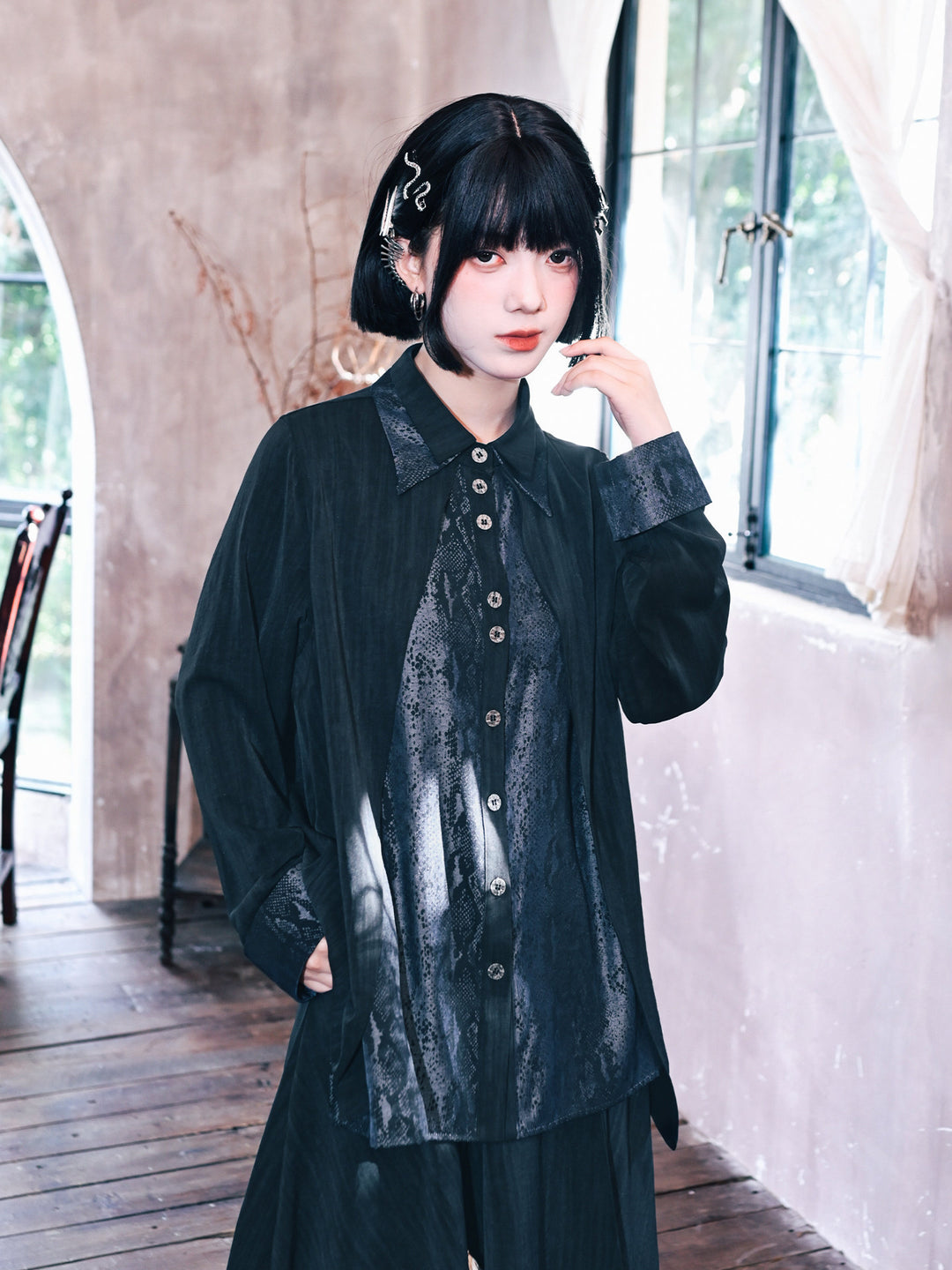 Black Snake Print Paneled Button-Up Shirt