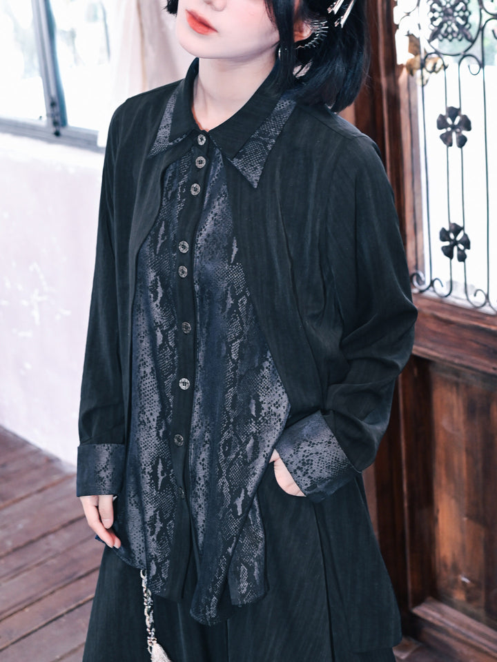 Black Snake Print Paneled Button-Up Shirt