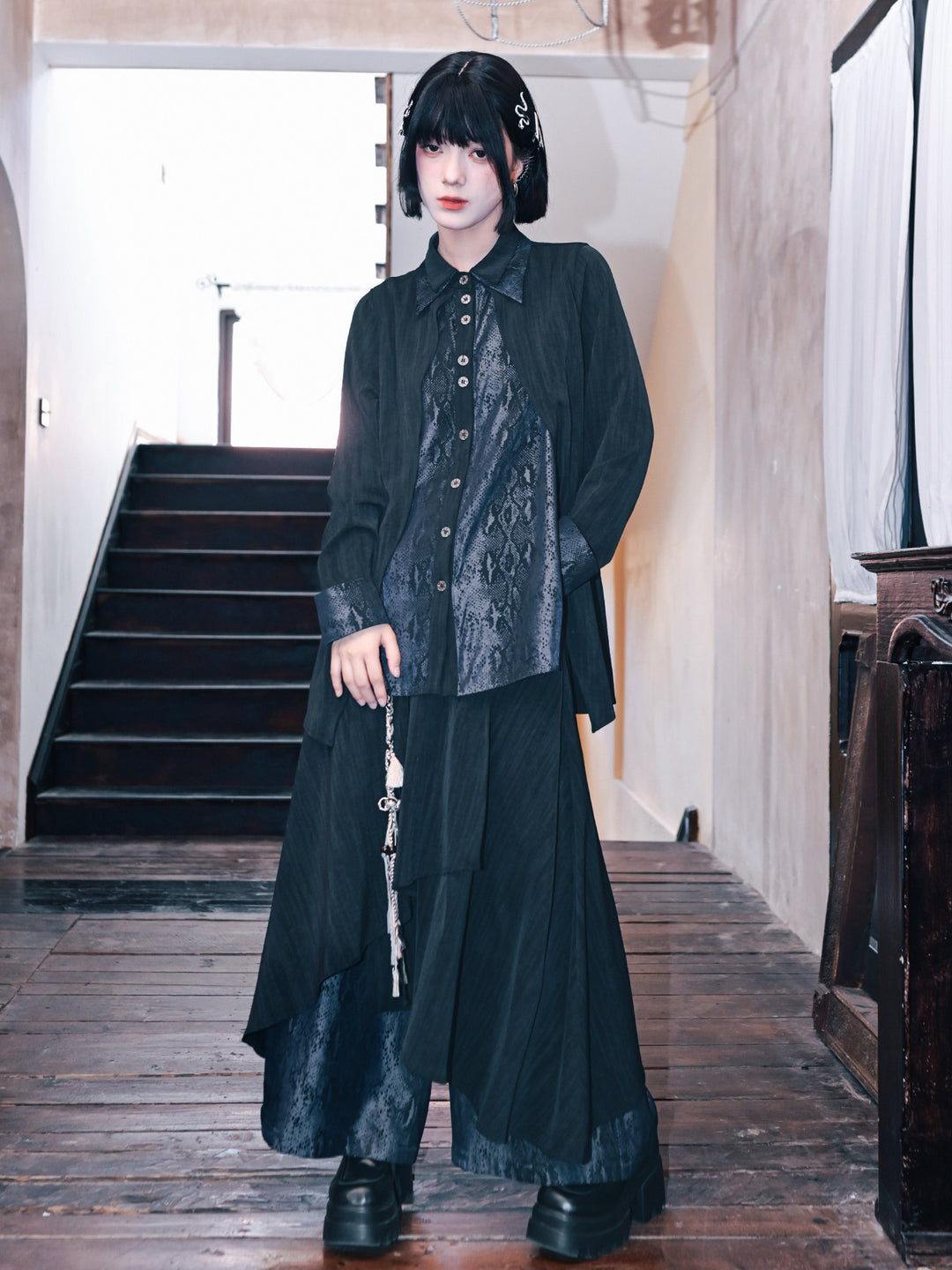 Black Snake Print Paneled Button-Up Shirt