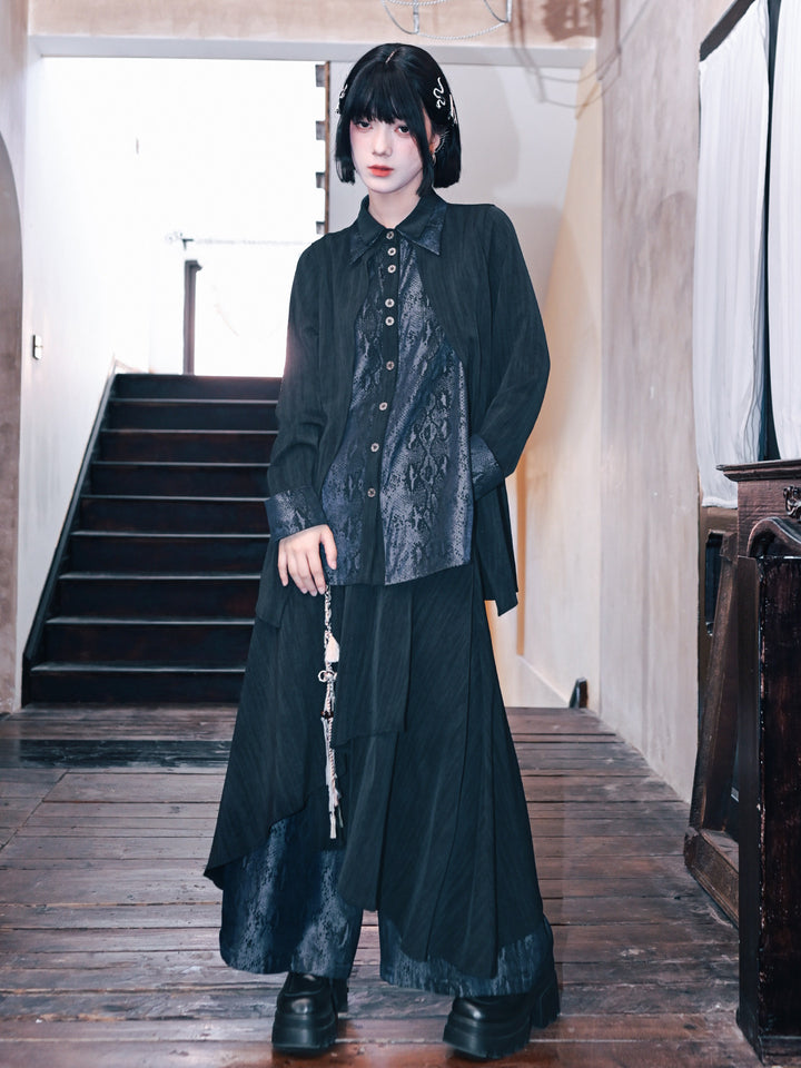 Black Snake Print Paneled Button-Up Shirt