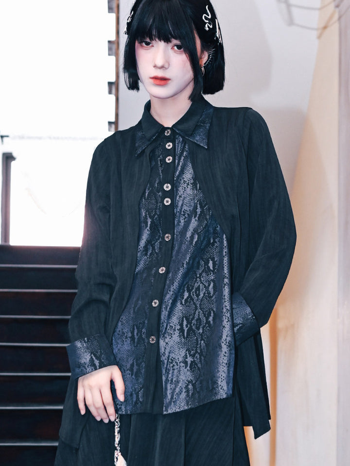 Black Snake Print Paneled Button-Up Shirt