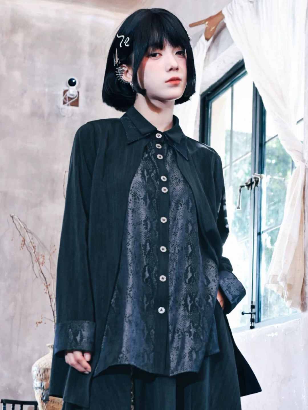 Black Snake Print Paneled Button-Up Shirt