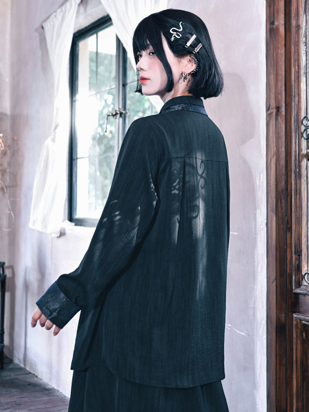 Black Snake Print Paneled Button-Up Shirt