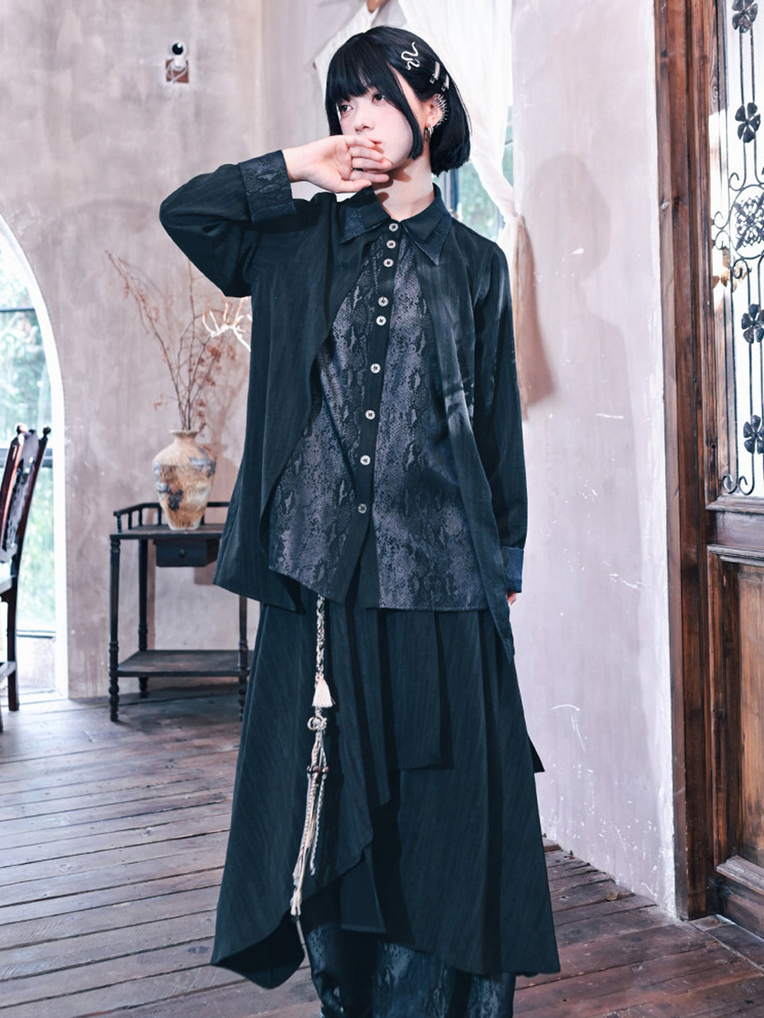 Black Snake Print Paneled Button-Up Shirt
