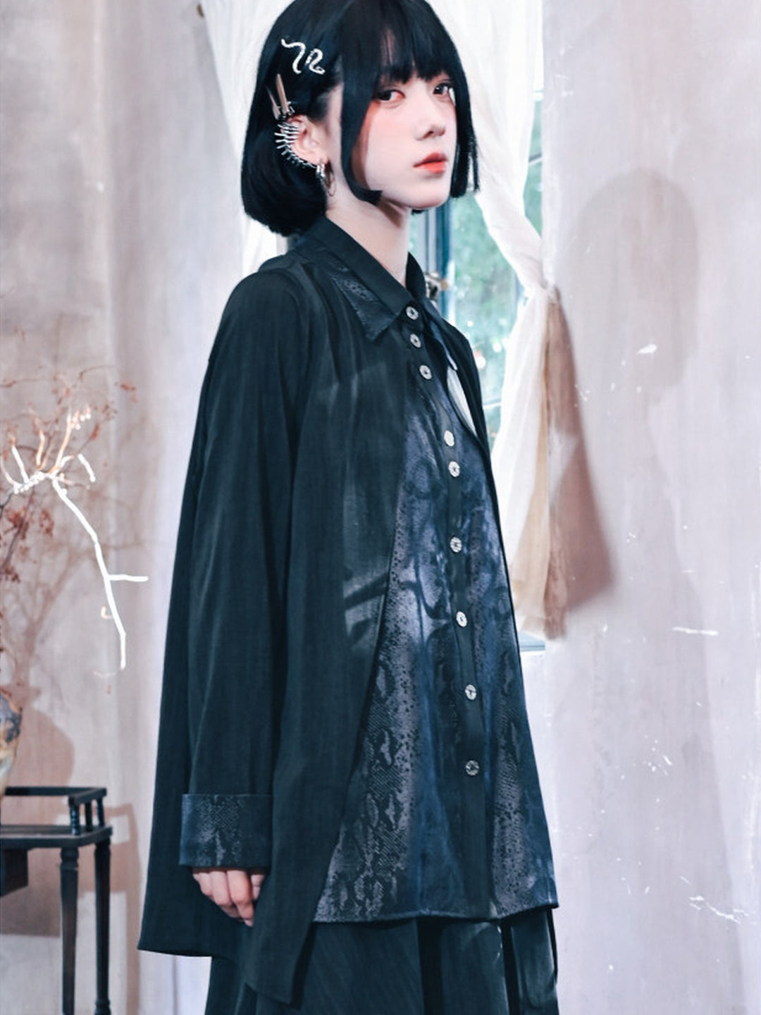 Black Snake Print Paneled Button-Up Shirt