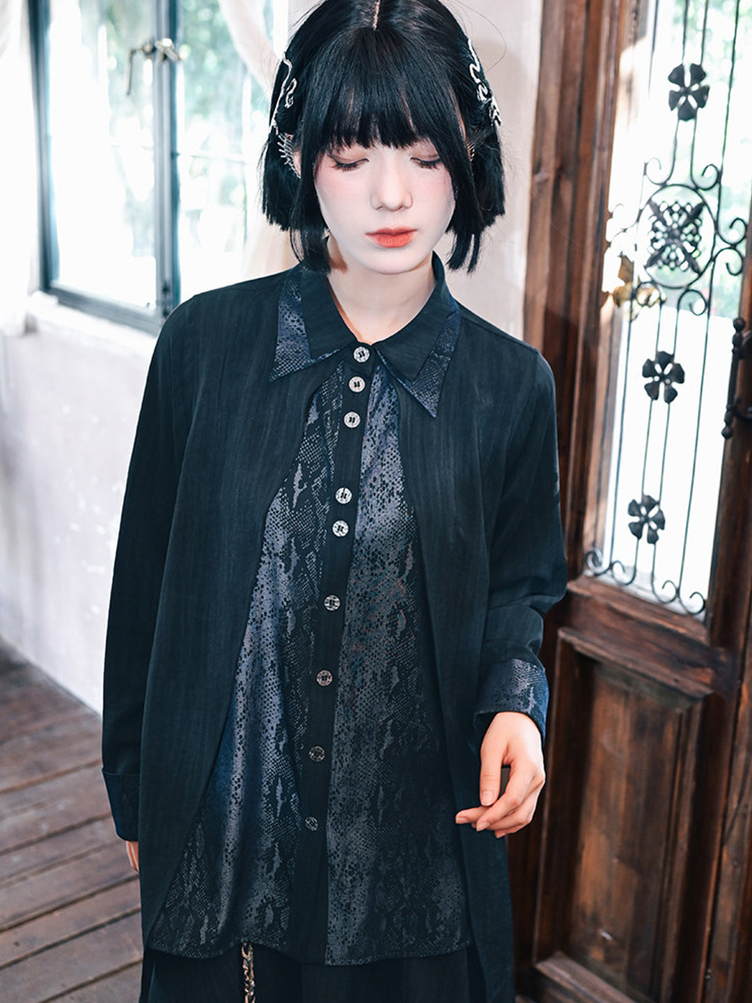 Black Snake Print Paneled Button-Up Shirt