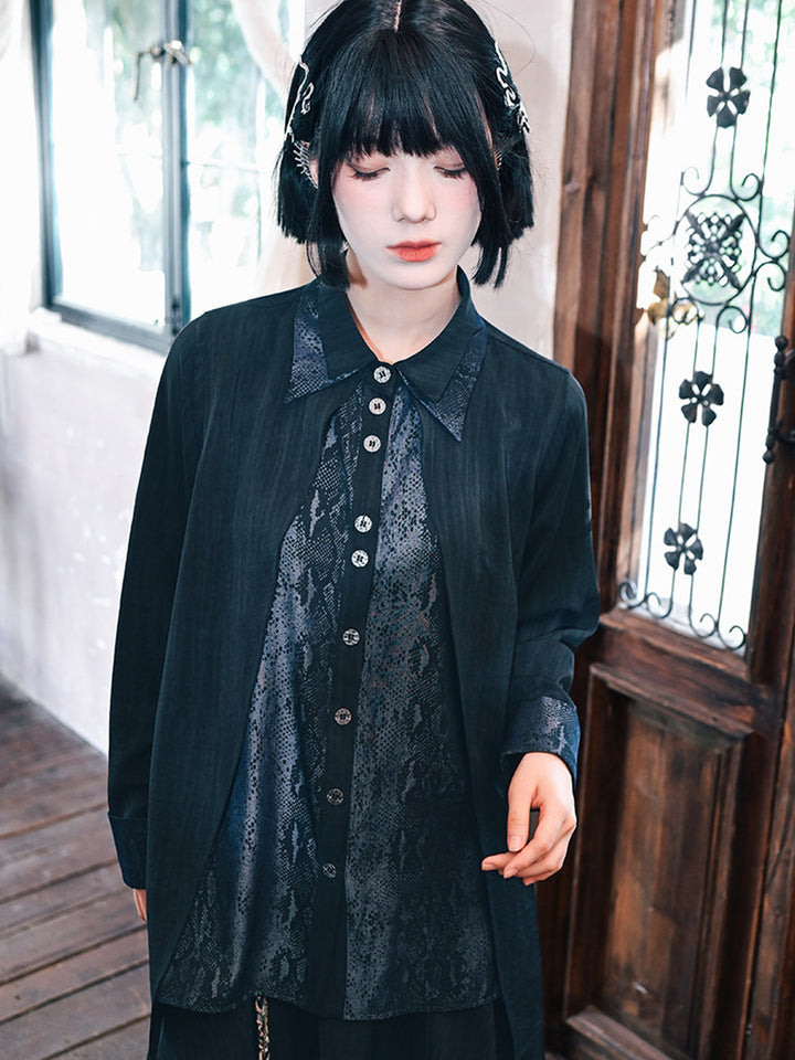 Black Snake Print Paneled Button-Up Shirt