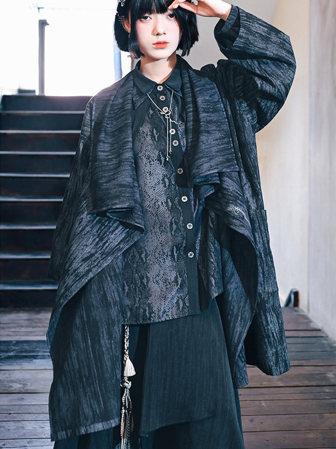 Black Snake Print Paneled Button-Up Shirt