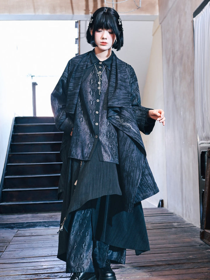 Black Snake Print Paneled Button-Up Shirt