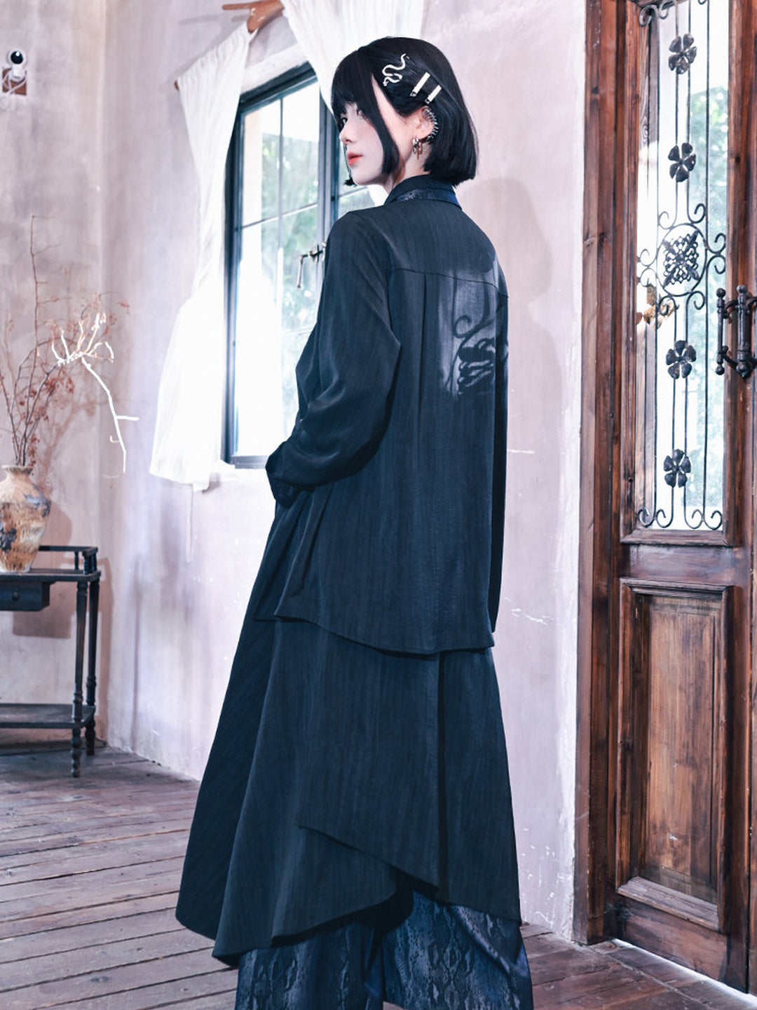 Black Snake Print Paneled Button-Up Shirt