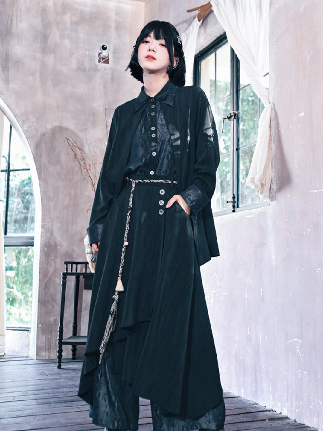 Black Snake Print Paneled Button-Up Shirt