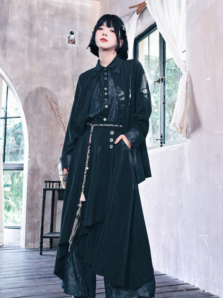 Black Snake Print Paneled Button-Up Shirt
