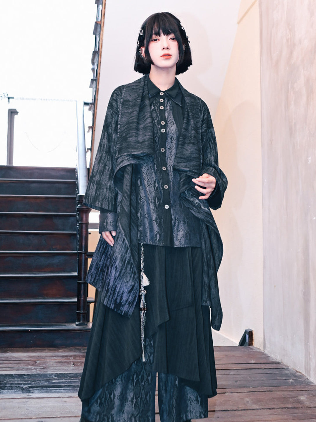 Black Snake Print Paneled Button-Up Shirt