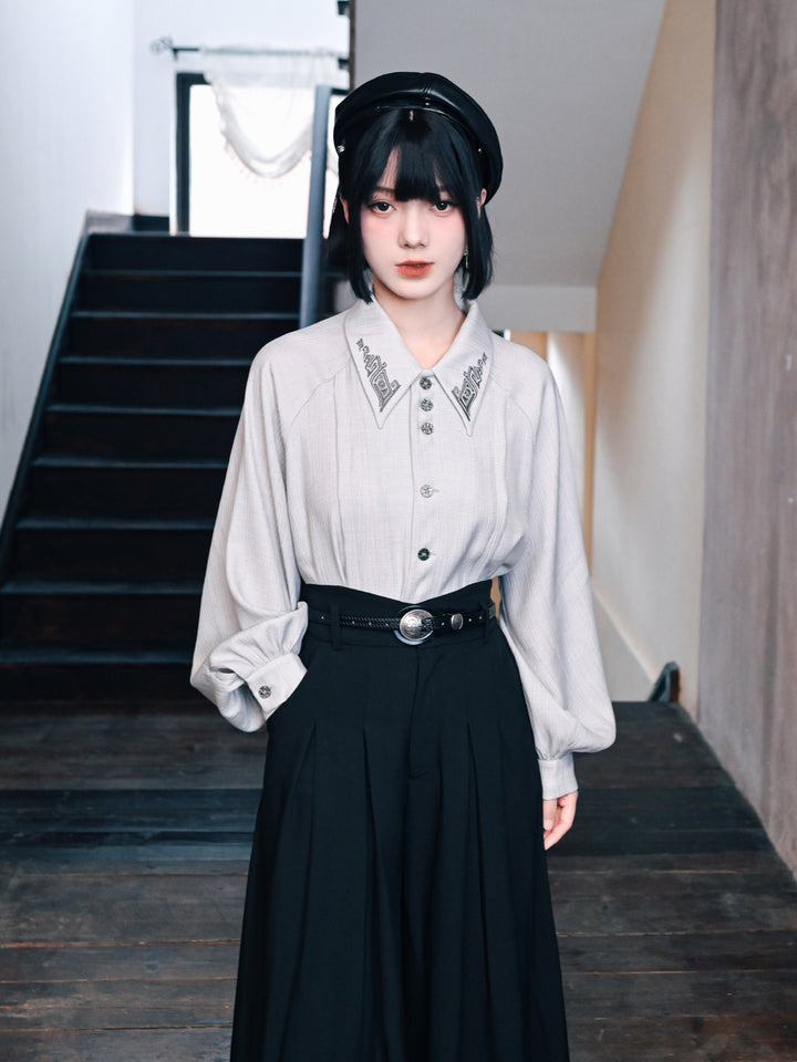 White Embroidered Collar Lantern Sleeve Shirt