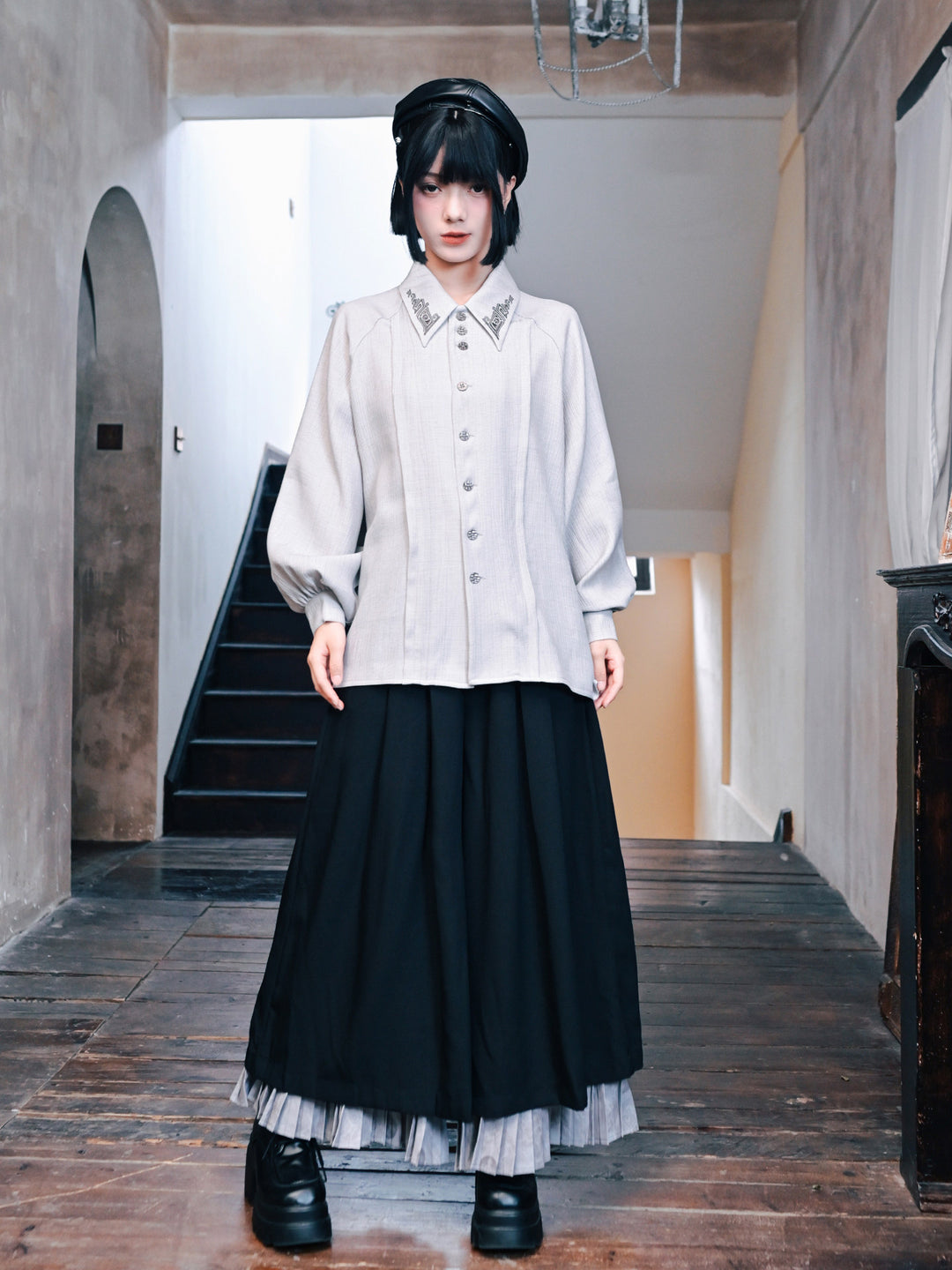 White Embroidered Collar Lantern Sleeve Shirt