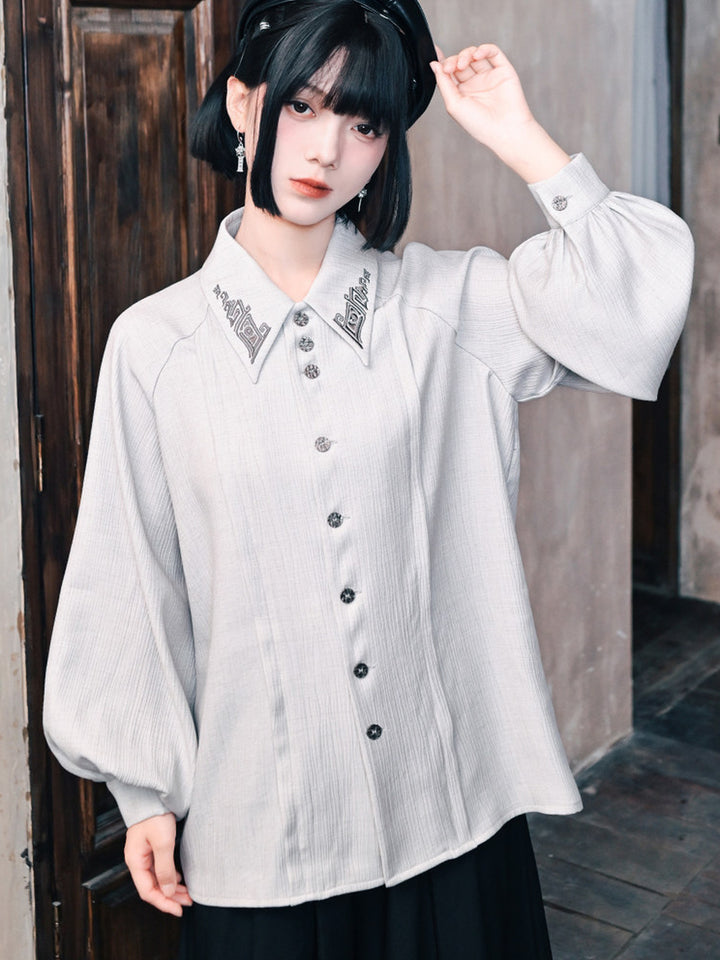 White Embroidered Collar Lantern Sleeve Shirt